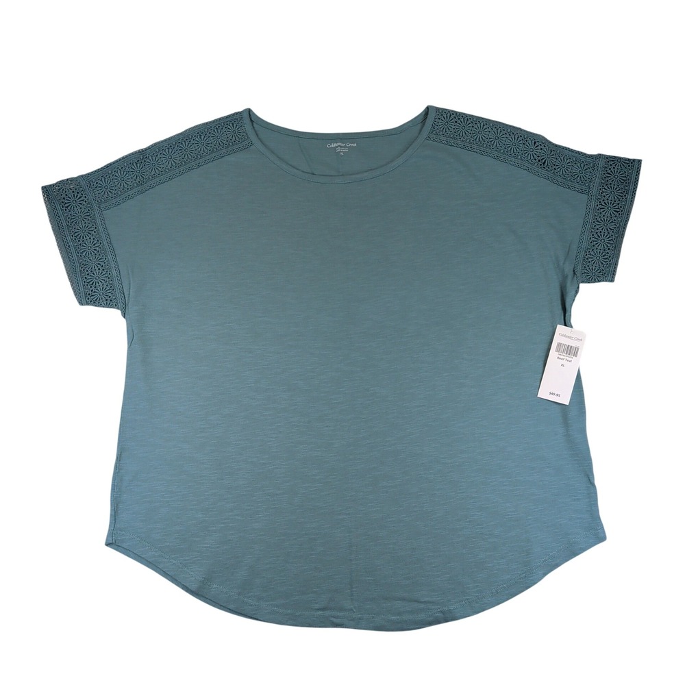 Coldwater Creek Womens XL Reef Teal Slub Knit Crochet Trim Short Sleeve Top NWT